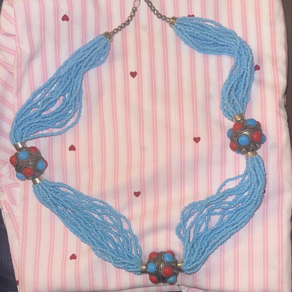 Blue and Red Beaded Necklace